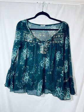 NATURAL LIFE Teal Floral Romantic Peasant Tunic